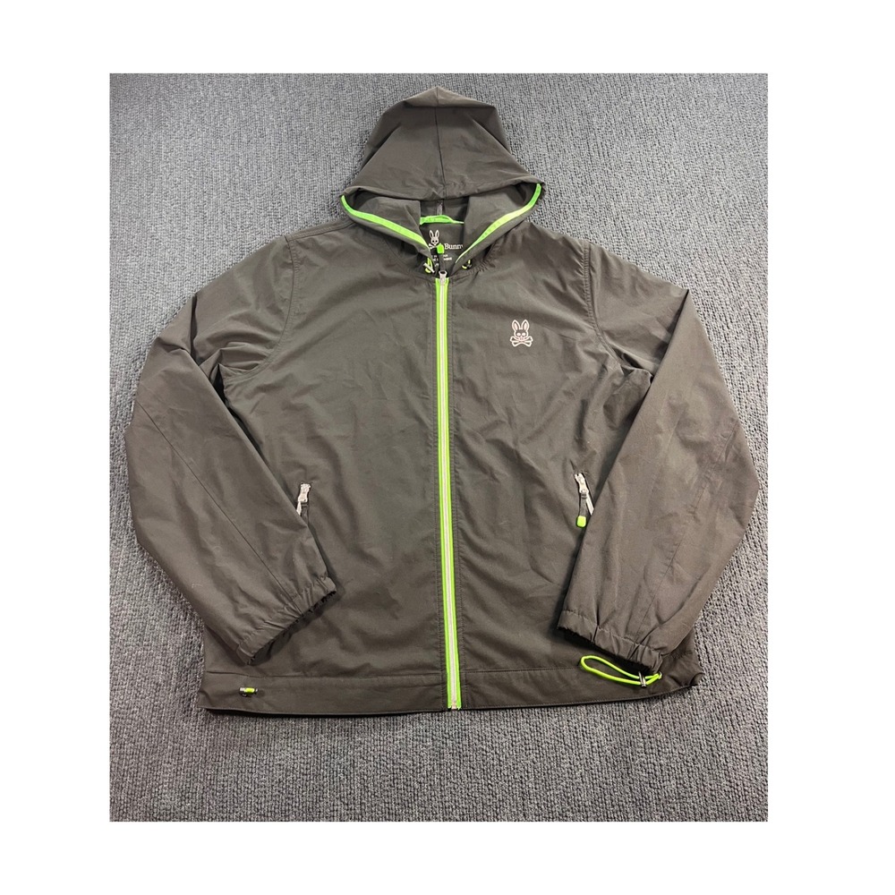 Psycho Bunny Sz XL Full Zip Hooded Windbreaker Jacket Gray Neon Green Mesh Lined